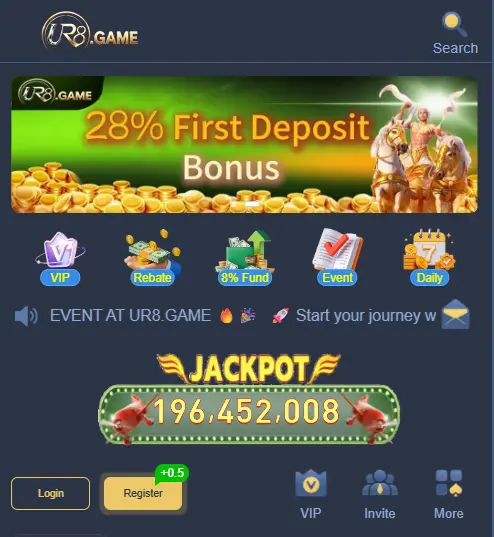 UR8 Game dashboard showing the main account interface and available game options.